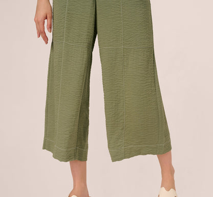 Contrast Stitching Crinkle Midi Pant - Oil Green Ivory | Adrianna Papell