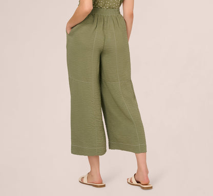 Contrast Stitching Crinkle Midi Pant - Oil Green Ivory | Adrianna Papell