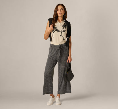 Wide Leg Tie Belt Stretch Pant - Black Ripple Stripe | Adrianna Papell