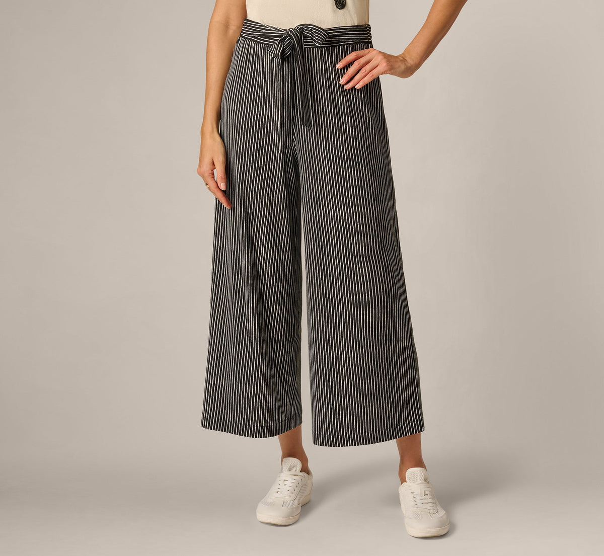 Wide Leg Tie Belt Stretch Pant - Black Ripple Stripe | Adrianna Papell