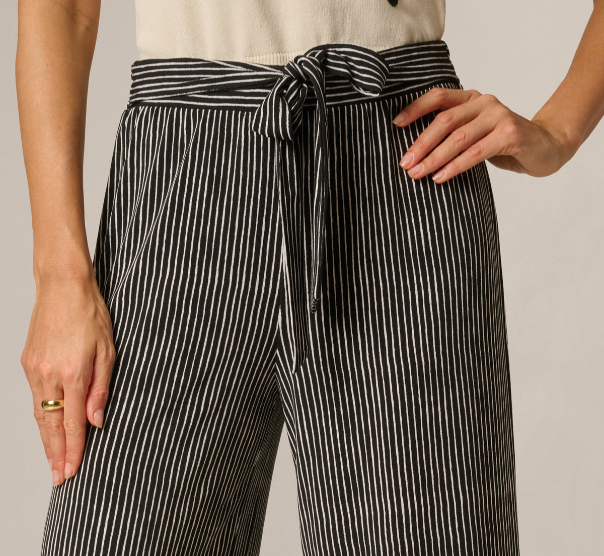 Wide Leg Tie Belt Stretch Pant - Black Ripple Stripe | Adrianna Papell