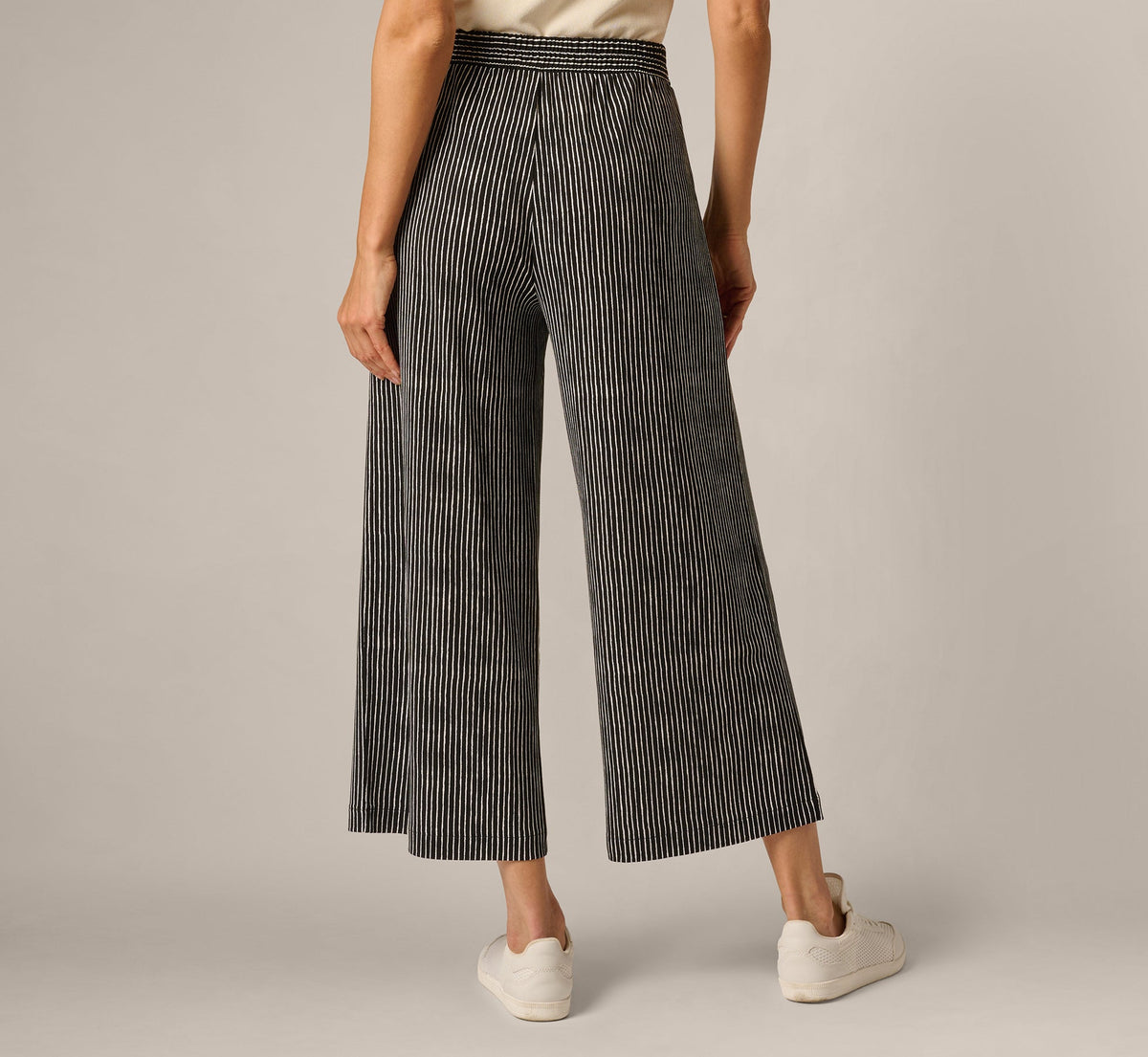 Wide Leg Tie Belt Stretch Pant - Black Ripple Stripe | Adrianna Papell
