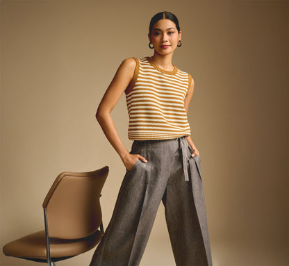 Belted Topstitch Wide Leg Pleat Pant - Slate Grey Ivory | Adrianna Papell