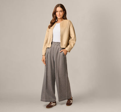 Belted Topstitch Wide Leg Pleat Pant - Slate Grey Ivory | Adrianna Papell