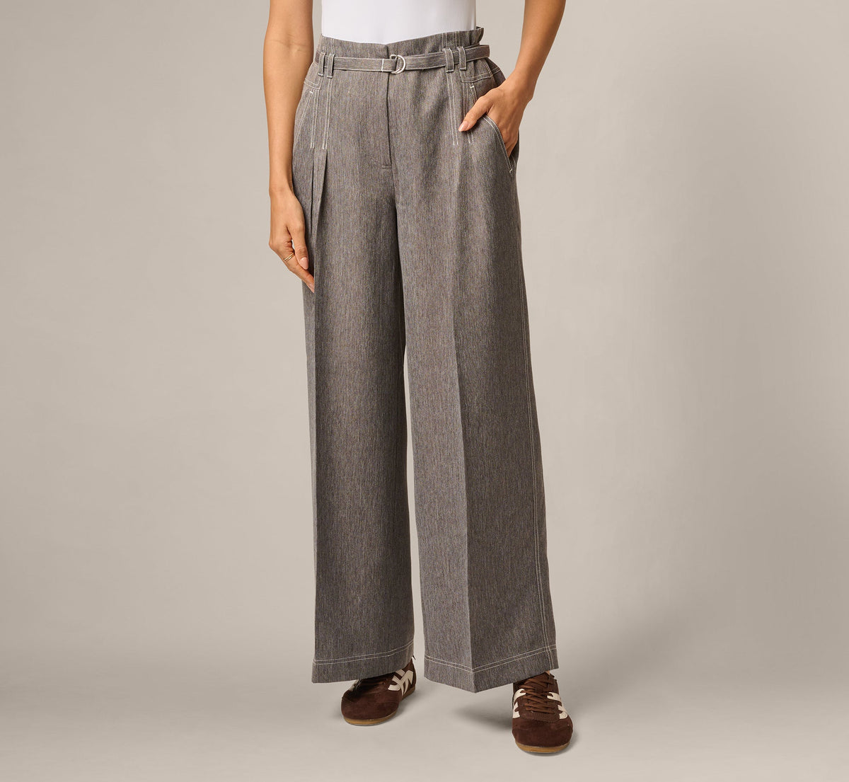 Belted Topstitch Wide Leg Pleat Pant - Slate Grey Ivory | Adrianna Papell