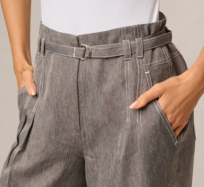 Belted Topstitch Wide Leg Pleat Pant - Slate Grey Ivory | Adrianna Papell