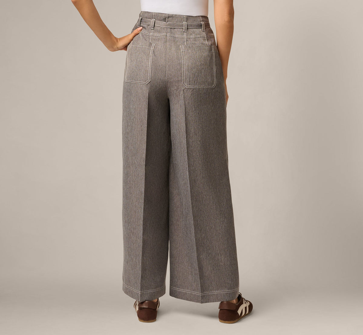 Belted Topstitch Wide Leg Pleat Pant - Slate Grey Ivory | Adrianna Papell
