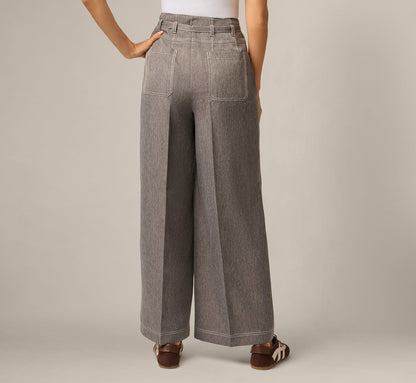 Belted Topstitch Wide Leg Pleat Pant - Slate Grey Ivory | Adrianna Papell