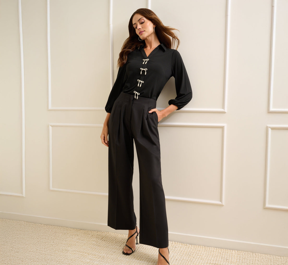 Wide Leg Pleated Trouser - Black | Adrianna Papell
