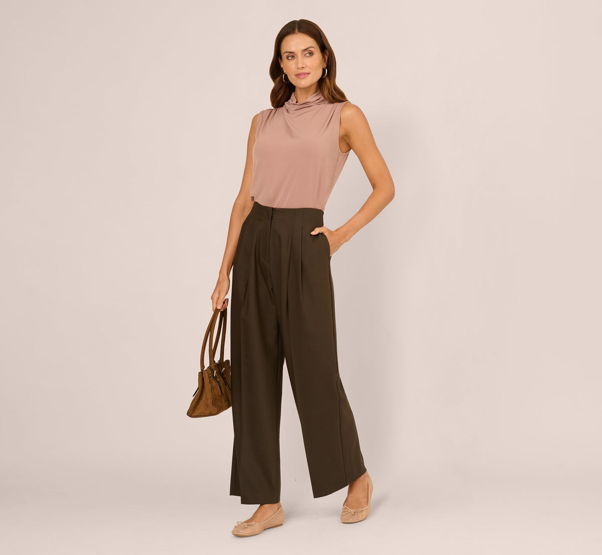 Wide Leg Pleated Trouser - Military Green | Adrianna Papell