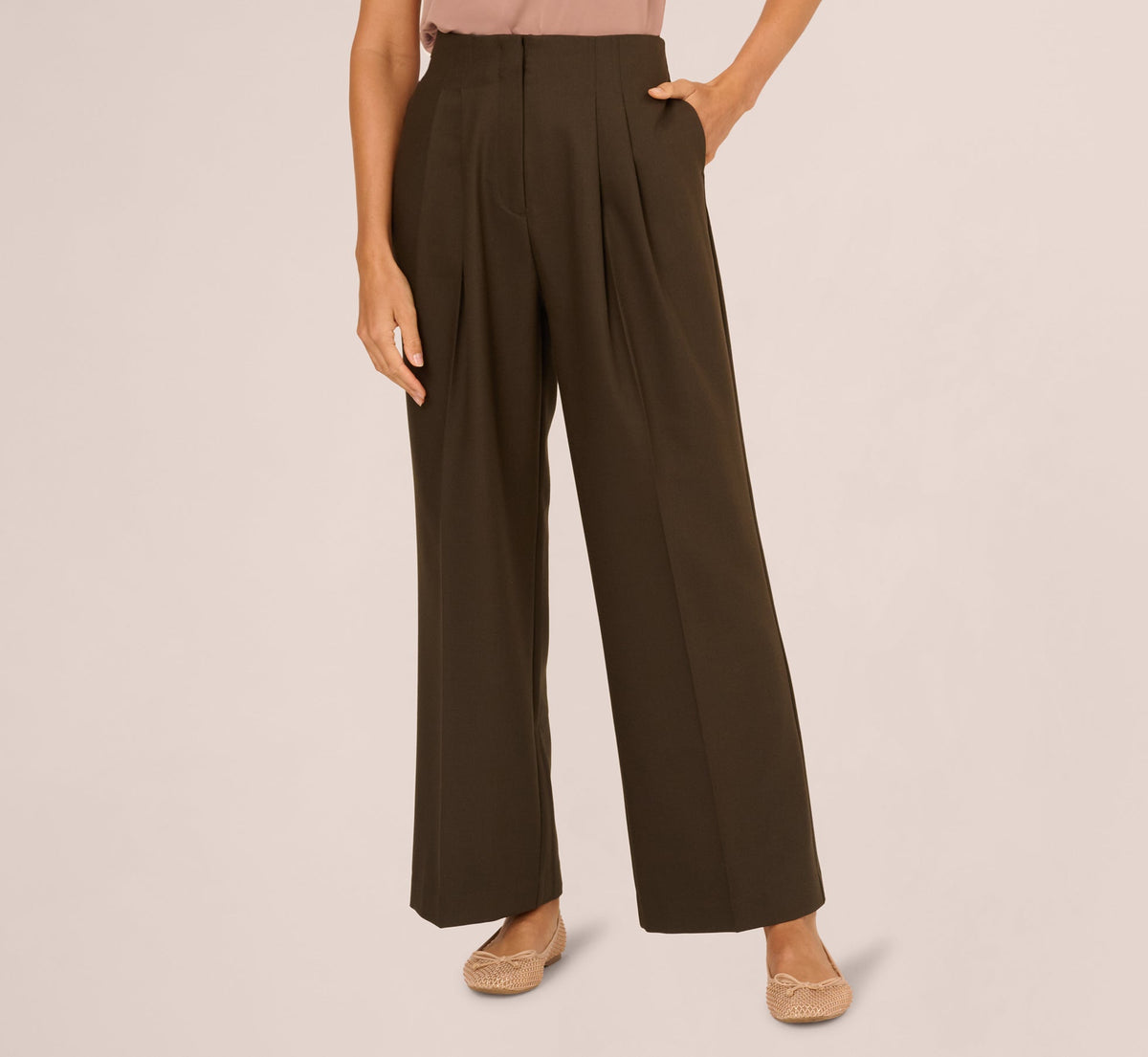 Wide Leg Pleated Trouser - Military Green | Adrianna Papell