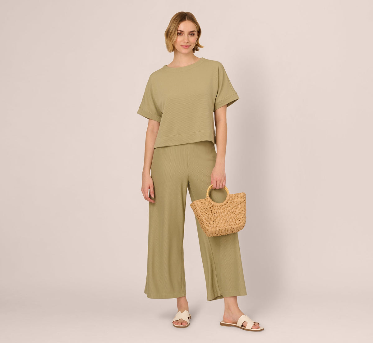 Wide Leg Rib Knit Pants - Dusty Sage Green | Adrianna Papell