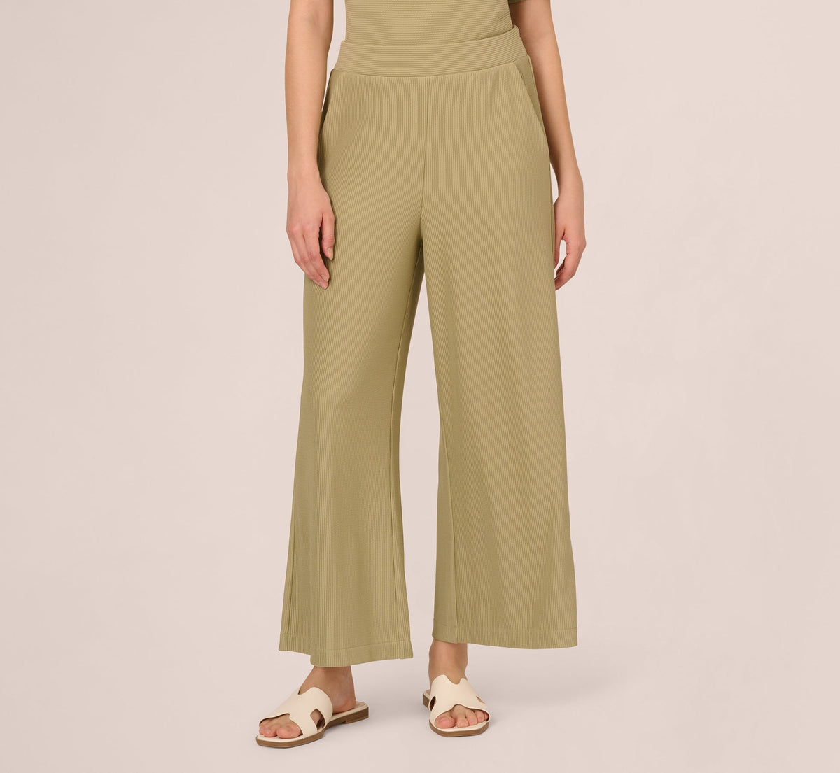 Wide Leg Rib Knit Pants - Dusty Sage Green | Adrianna Papell