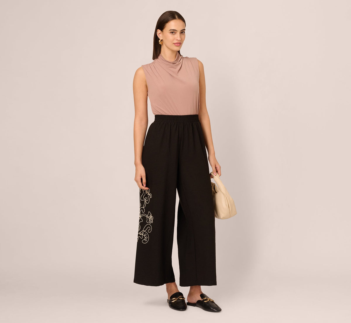Wide Leg Floral Embroidered Pant - Black Cream | Adrianna Papell