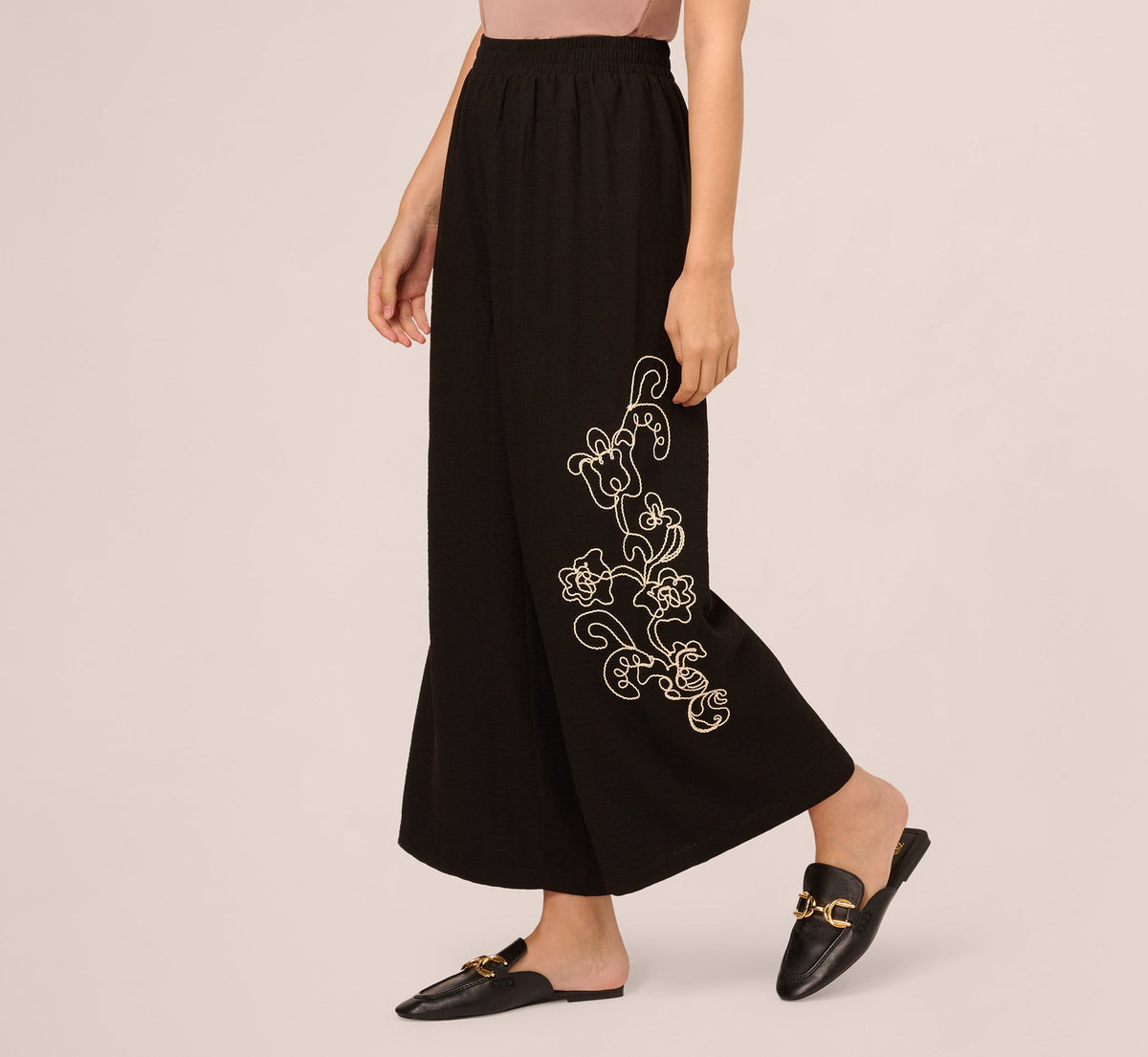 Wide Leg Floral Embroidered Pant - Black Cream | Adrianna Papell