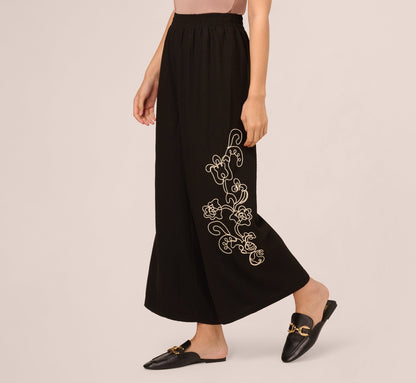 Wide Leg Floral Embroidered Pant - Black Cream | Adrianna Papell