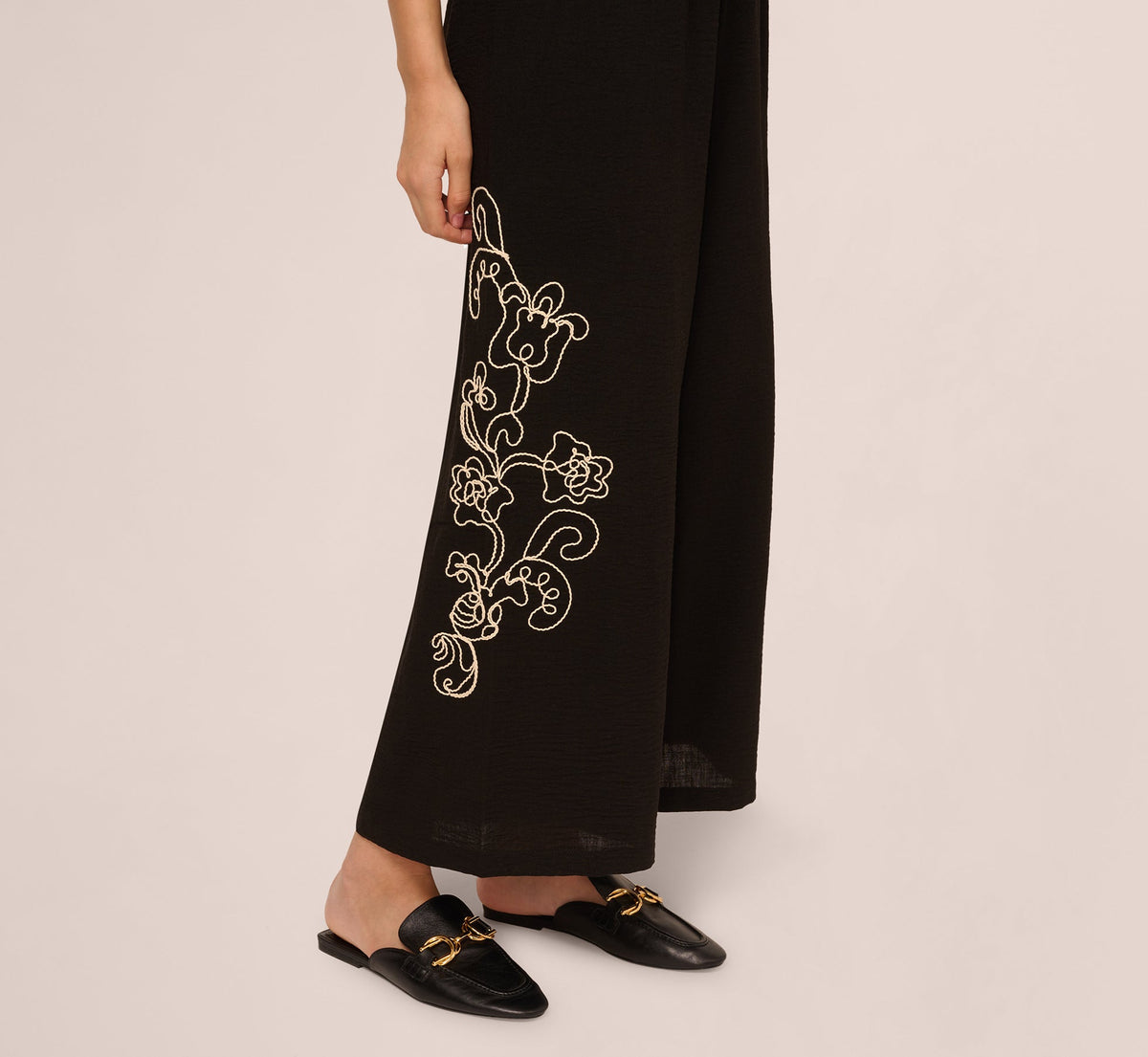 Wide Leg Floral Embroidered Pant - Black Cream | Adrianna Papell
