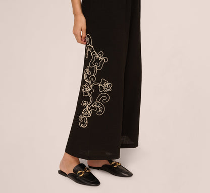 Wide Leg Floral Embroidered Pant - Black Cream | Adrianna Papell