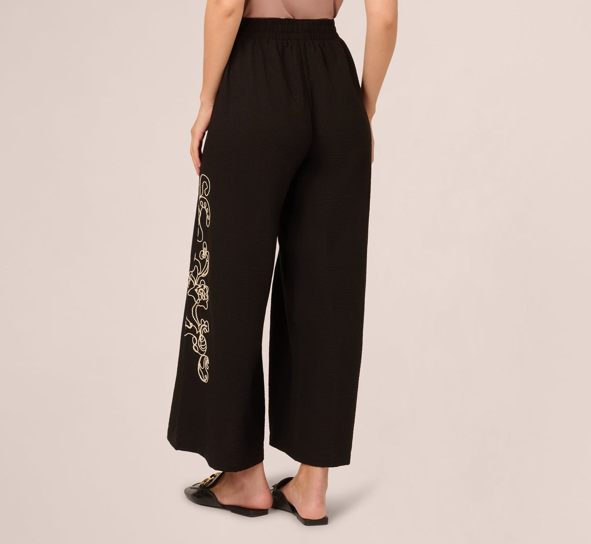 Wide Leg Floral Embroidered Pant - Black Cream | Adrianna Papell