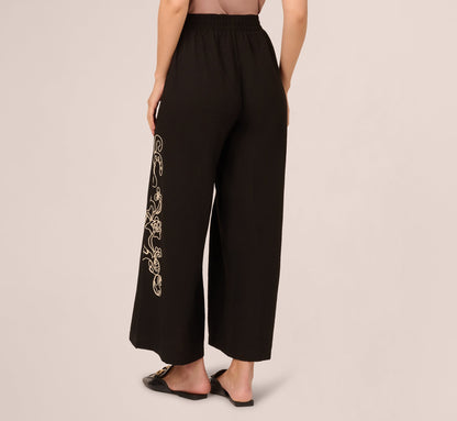 Wide Leg Floral Embroidered Pant - Black Cream | Adrianna Papell