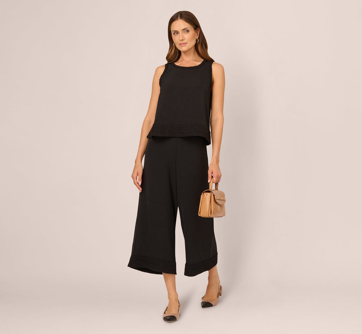 Soutache Trim Cropped Wide Leg Pant - Black | Adrianna Papell
