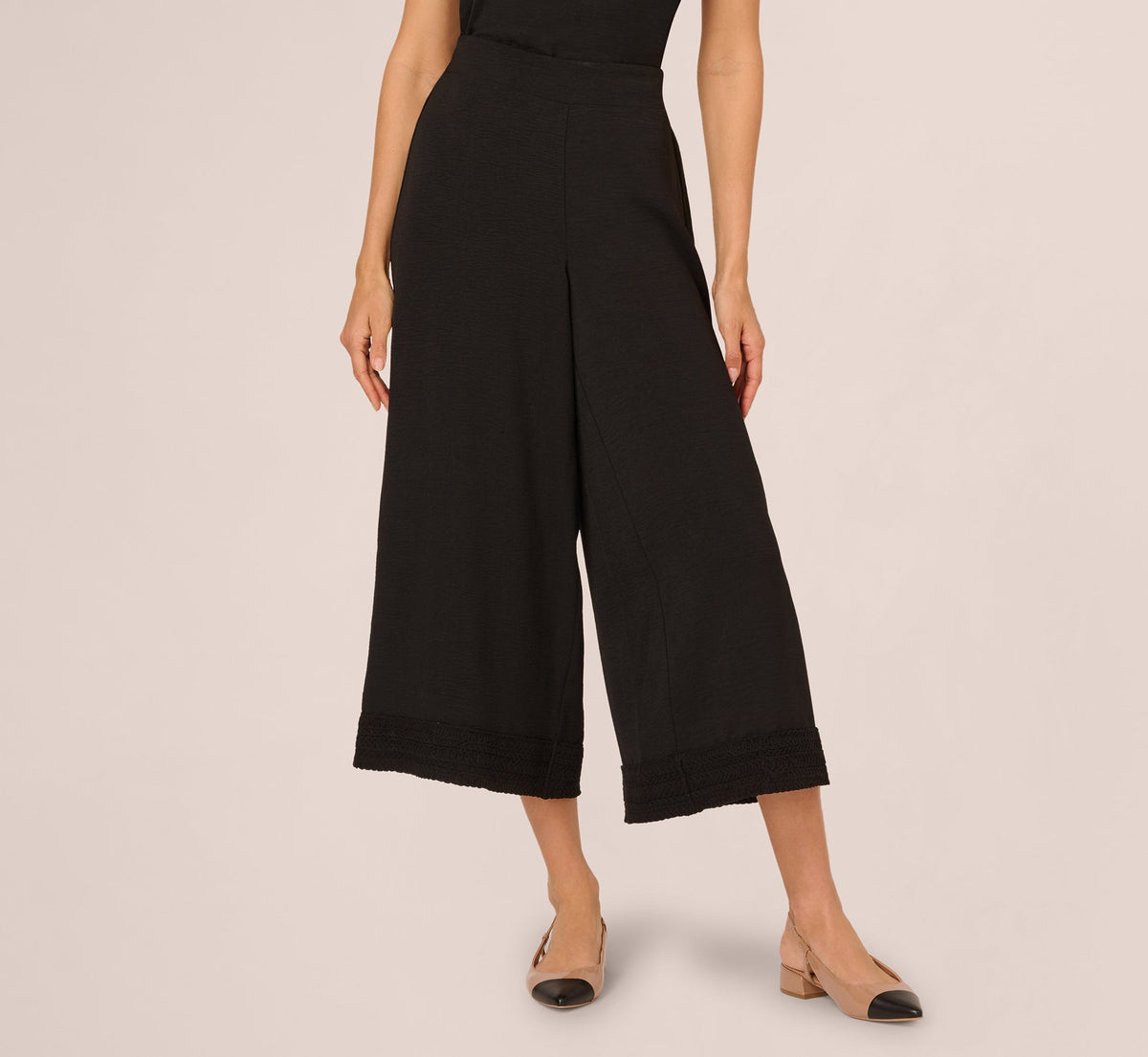 Soutache Trim Cropped Wide Leg Pant - Black | Adrianna Papell