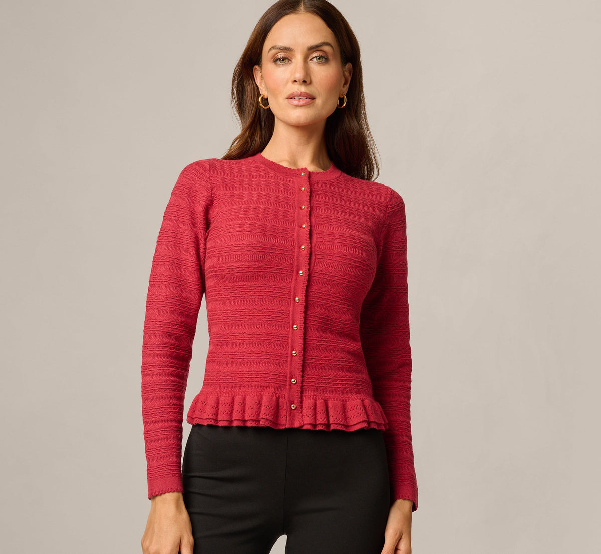 Long Sleeve Textured Ruffle Hem Cardigan Sweater - Garnet | Adrianna Papell