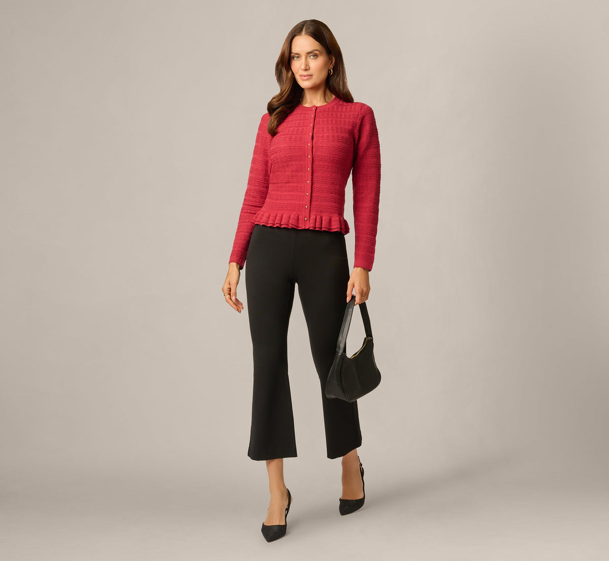 Long Sleeve Textured Ruffle Hem Cardigan Sweater - Garnet | Adrianna Papell