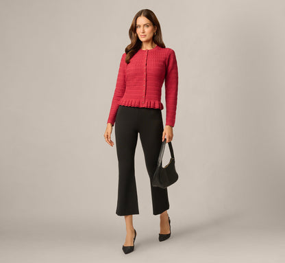 Long Sleeve Textured Ruffle Hem Cardigan Sweater - Garnet | Adrianna Papell