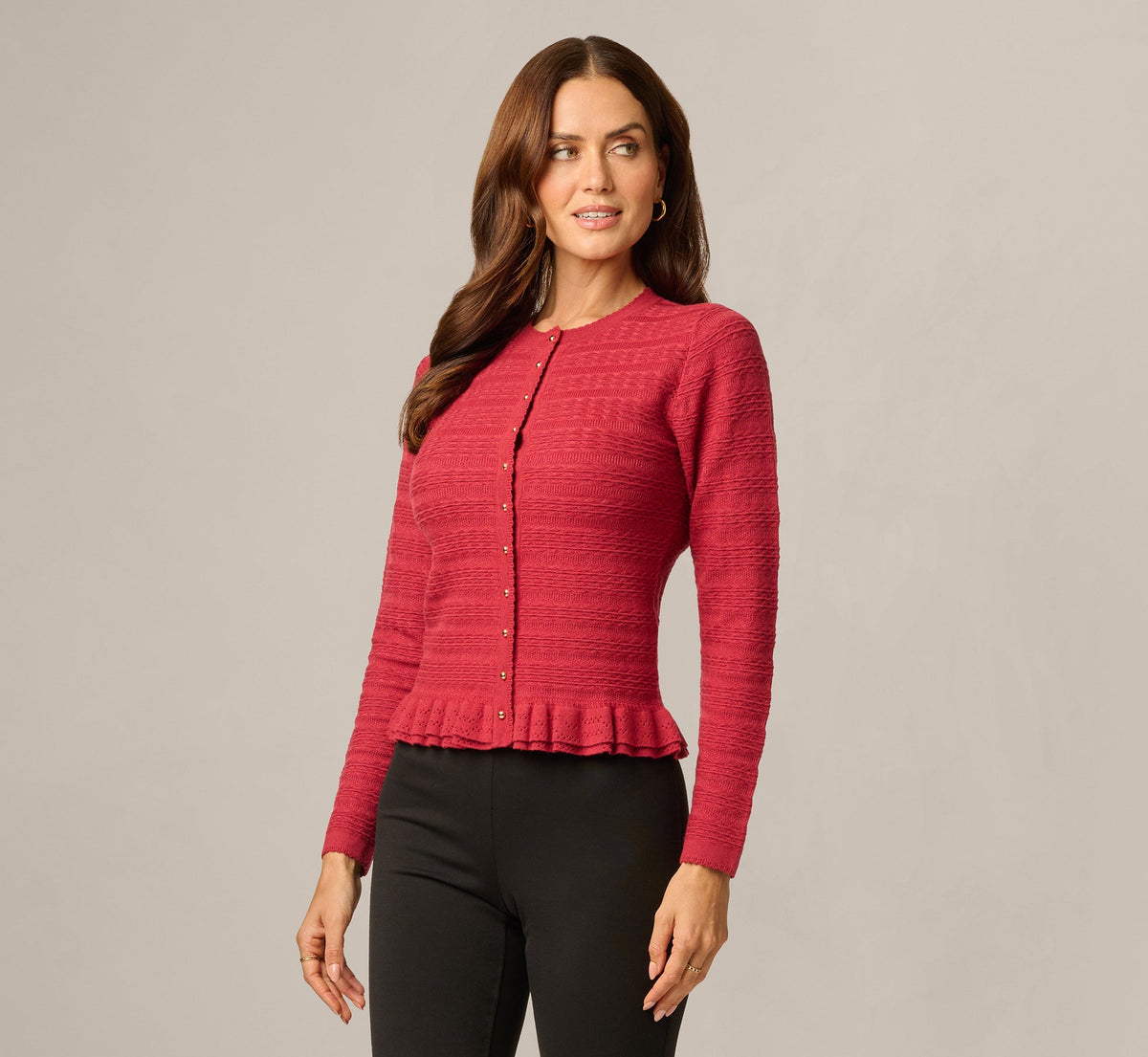 Long Sleeve Textured Ruffle Hem Cardigan Sweater - Garnet | Adrianna Papell