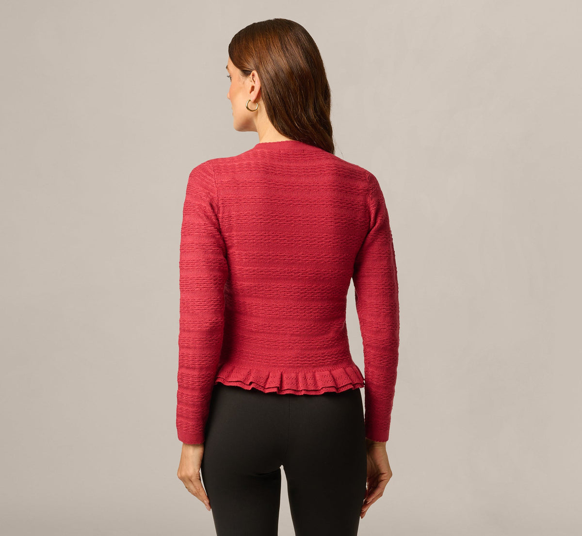 Long Sleeve Textured Ruffle Hem Cardigan Sweater - Garnet | Adrianna Papell
