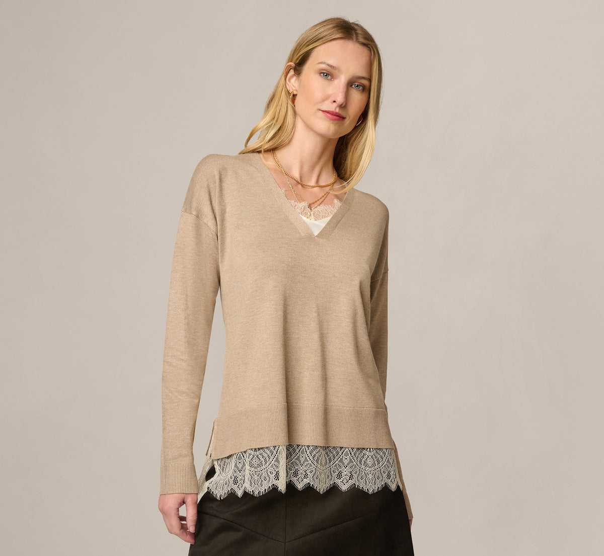 Long Sleeve Lace Twofer Sweater Top - Natural Heather Ivory | Adrianna Papell