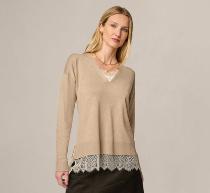 Long Sleeve Lace Twofer Sweater Top - Natural Heather Ivory | Adrianna Papell