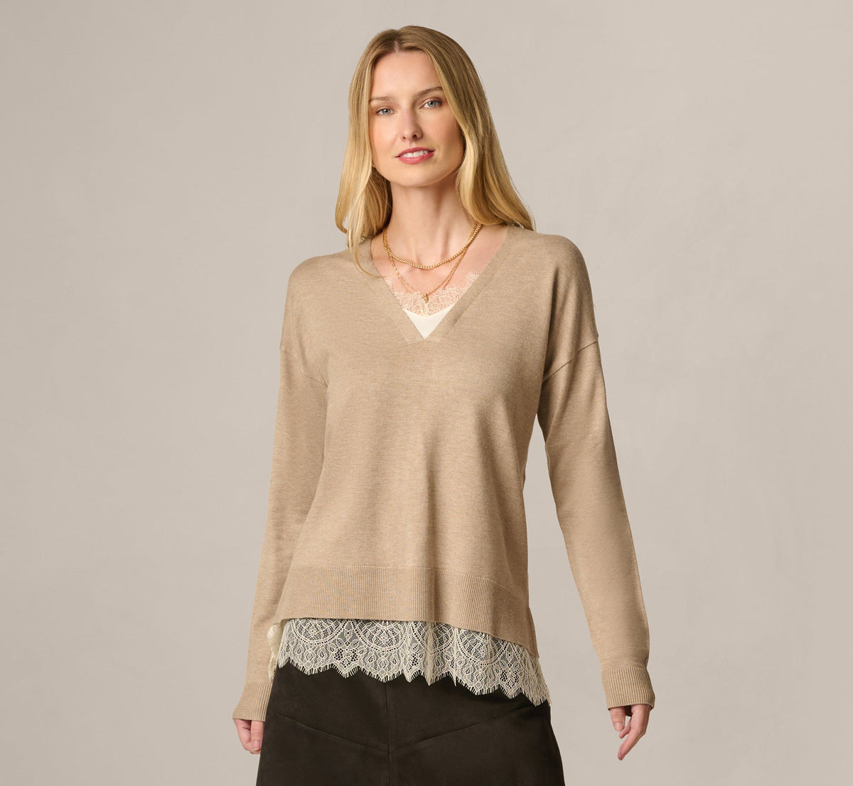 Long Sleeve Lace Twofer Sweater Top - Natural Heather Ivory | Adrianna Papell