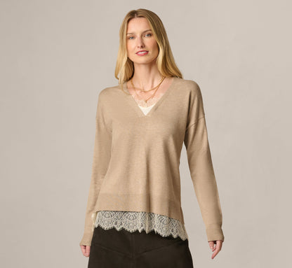 Long Sleeve Lace Twofer Sweater Top - Natural Heather Ivory | Adrianna Papell