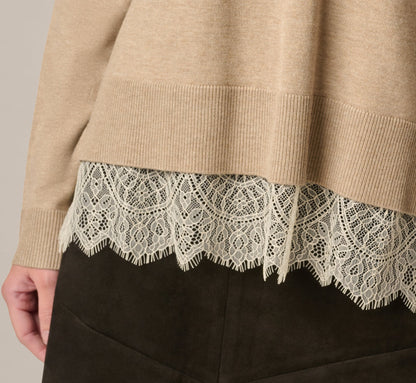Long Sleeve Lace Twofer Sweater Top - Natural Heather Ivory | Adrianna Papell