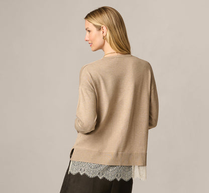 Long Sleeve Lace Twofer Sweater Top - Natural Heather Ivory | Adrianna Papell