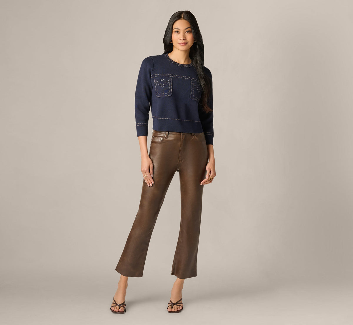 Three Quarter Sleeve Contrast Stitch Sweater - Navy Khaki | Adrianna Papell
