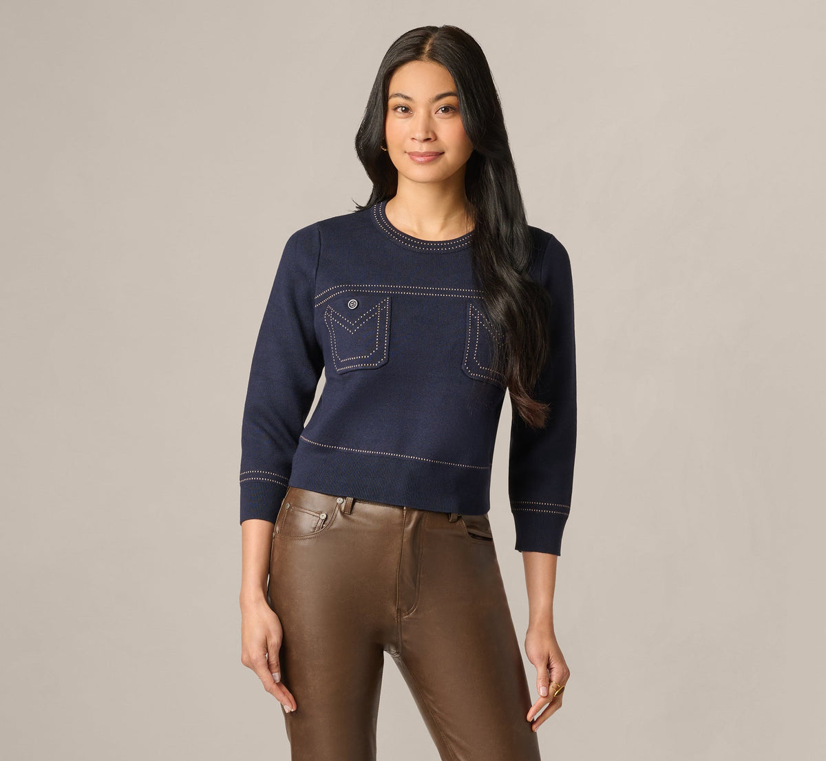 Three Quarter Sleeve Contrast Stitch Sweater - Navy Khaki | Adrianna Papell