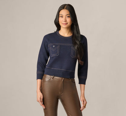 Three Quarter Sleeve Contrast Stitch Sweater - Navy Khaki | Adrianna Papell
