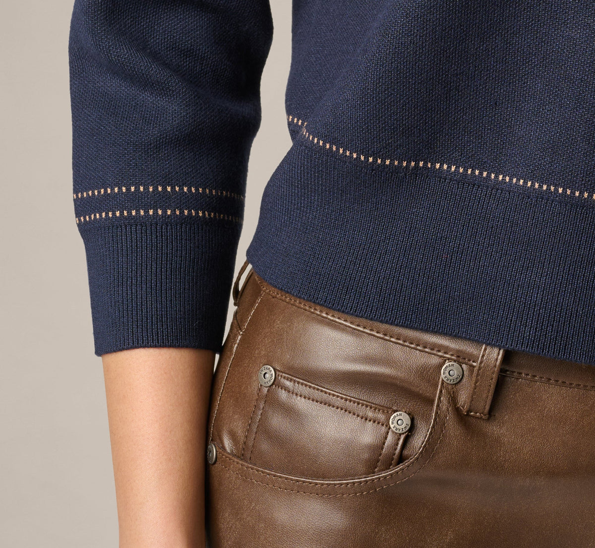 Three Quarter Sleeve Contrast Stitch Sweater - Navy Khaki | Adrianna Papell