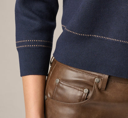 Three Quarter Sleeve Contrast Stitch Sweater - Navy Khaki | Adrianna Papell