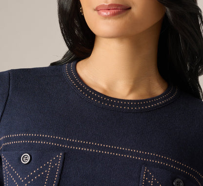 Three Quarter Sleeve Contrast Stitch Sweater - Navy Khaki | Adrianna Papell