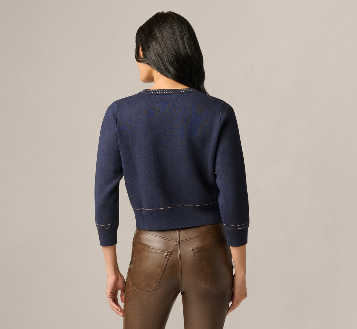 Three Quarter Sleeve Contrast Stitch Sweater - Navy Khaki | Adrianna Papell
