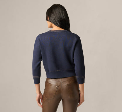 Three Quarter Sleeve Contrast Stitch Sweater - Navy Khaki | Adrianna Papell