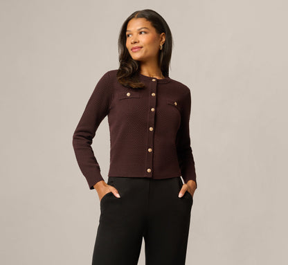 Long Sleeve Textured Knit Cardigan Sweater - Chocolate | Adrianna Papell