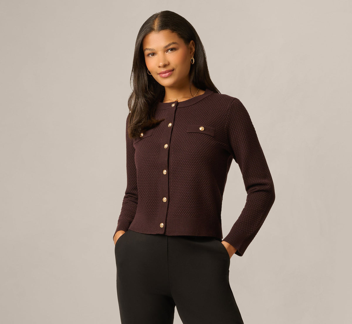 Long Sleeve Textured Knit Cardigan Sweater - Chocolate | Adrianna Papell