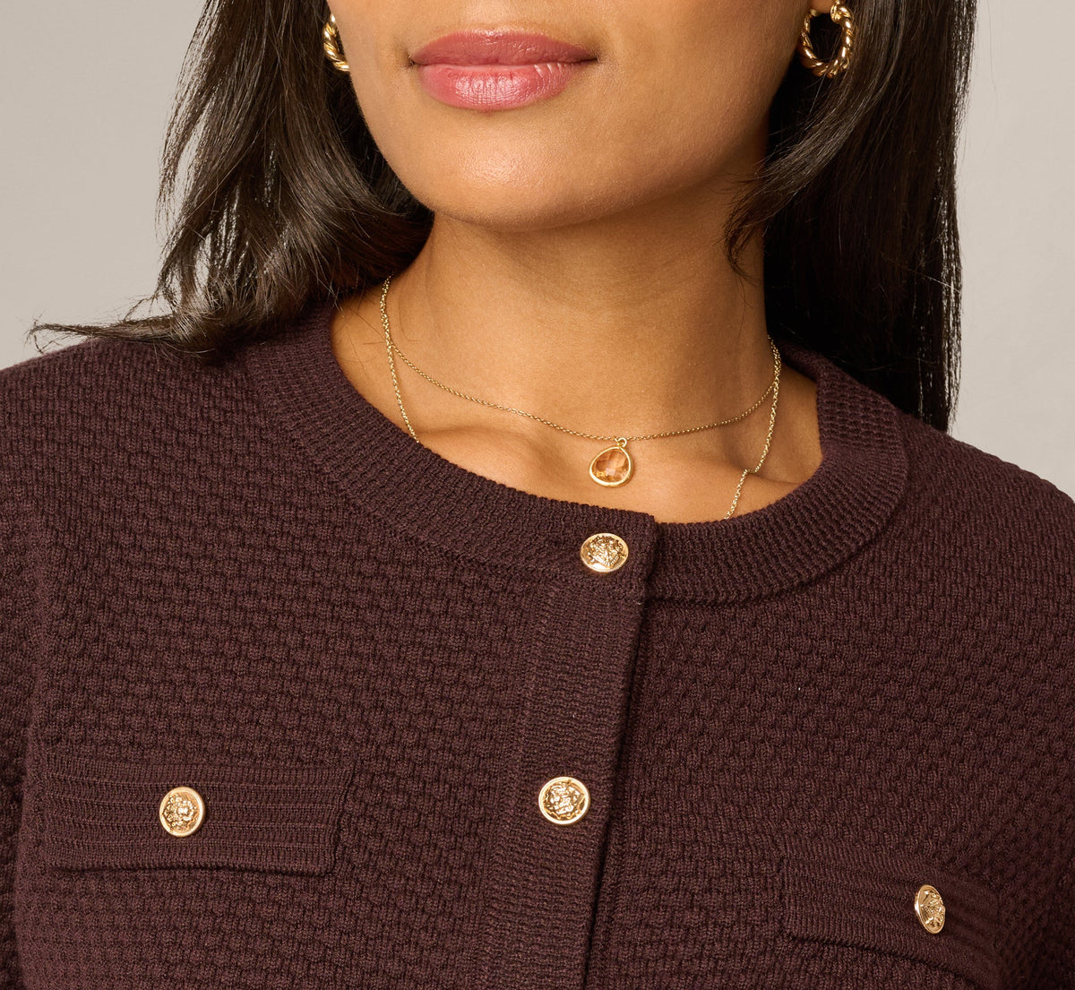 Long Sleeve Textured Knit Cardigan Sweater - Chocolate | Adrianna Papell