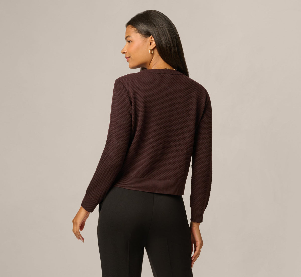 Long Sleeve Textured Knit Cardigan Sweater - Chocolate | Adrianna Papell