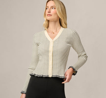 Long Sleeve V Neck Ruffle Cardigan Sweater - Cream Black | Adrianna Papell
